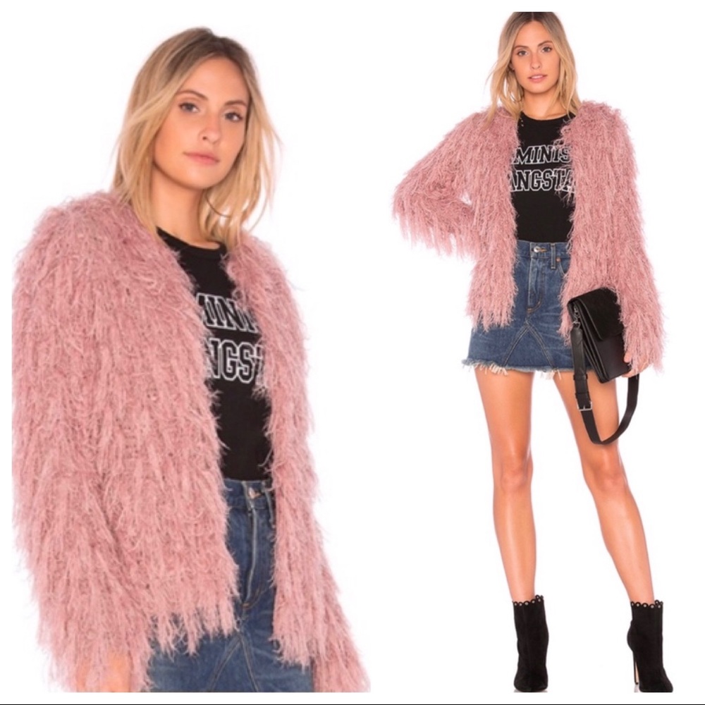 •J.O.A.• Pink Mauve Shaggy Yarn Fringe Open Cardigan